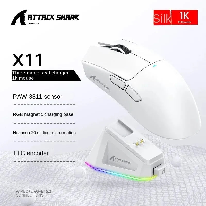 Attack Shark X11 PAW3311 Mouse Bluetooth preto, conectividade de modo triplo, base de carregamento magnético de toque, mouse para jogos ultraleve