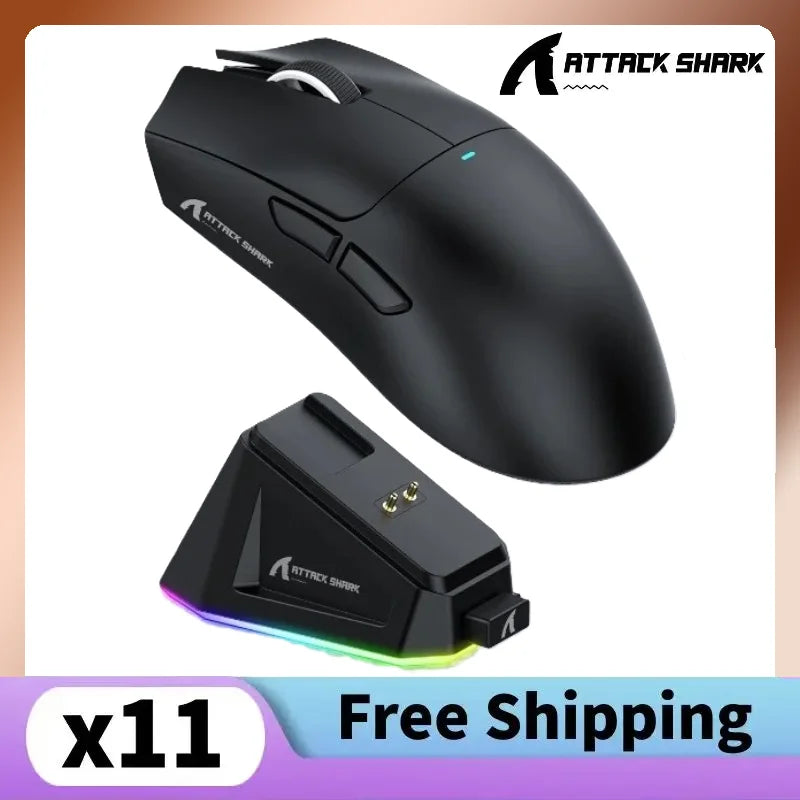 Attack Shark X11 PAW3311 Mouse Bluetooth preto, conectividade de modo triplo, base de carregamento magnético de toque, mouse para jogos ultraleve